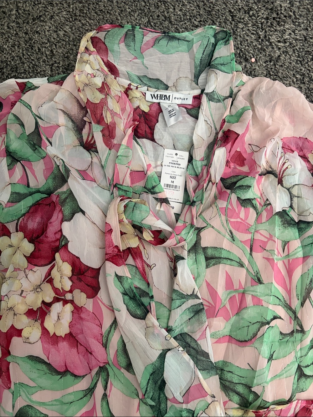White House Black Market Pink Floral Tie-Neck Blouse - Picture 2 of 6